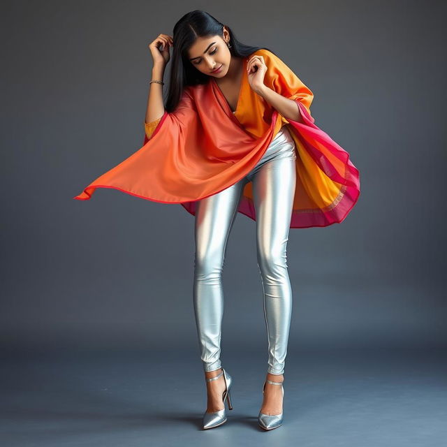 An Indian teenage girl wearing ultra-tight silver satin transparent leggings that cling to her form, accentuating her thick thighs