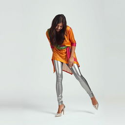 An Indian teenage girl wearing ultra-tight silver satin transparent leggings that cling to her form, accentuating her thick thighs