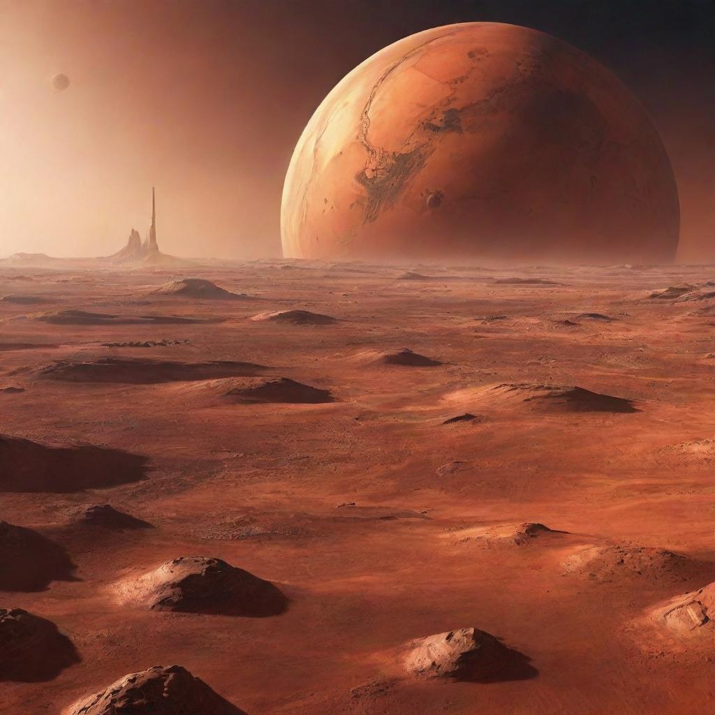 A futuristic view of Mars in the year 2050 with advanced space technology, human habitats, and vistas of the foreign landscape in vivid detail.