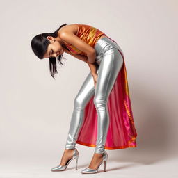 An Indian teenage girl wearing ultra-tight silver satin transparent leggings that cling to her form, accentuating her thick thighs