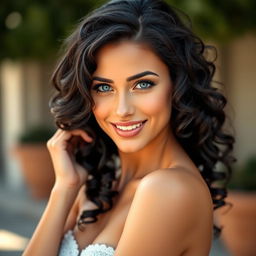 A beautiful woman with black curly hair cascading down her shoulders, featuring deep blue eyes that captivate and allure