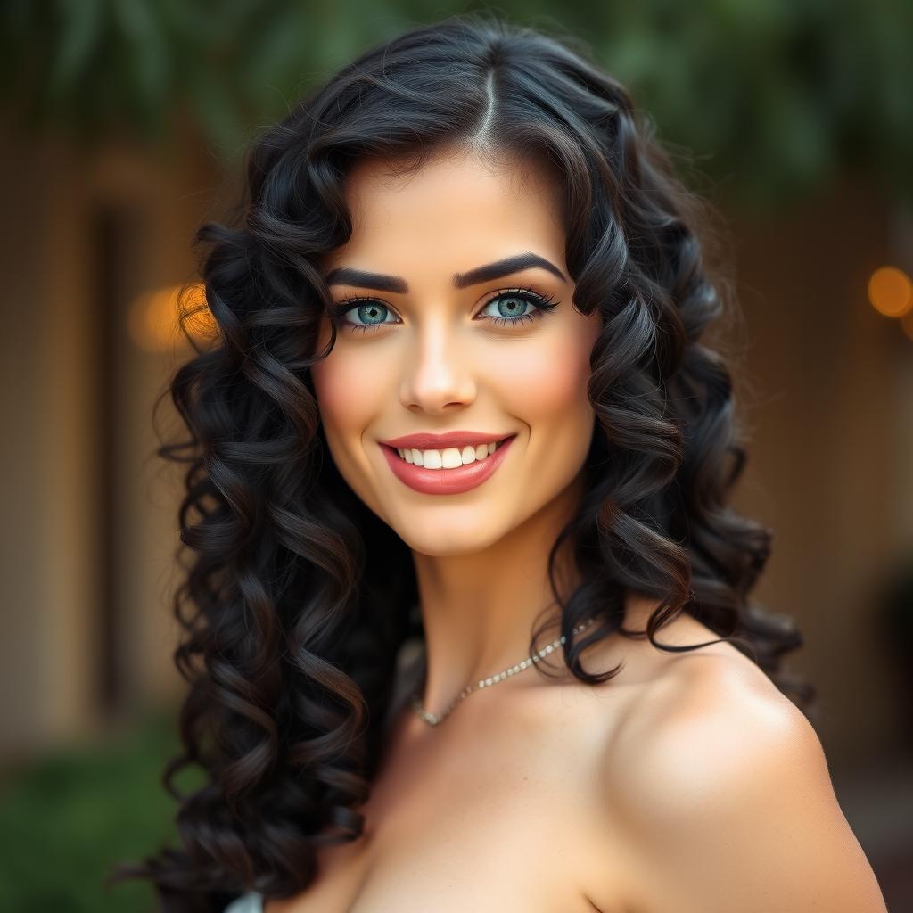 A beautiful woman with black curly hair cascading down her shoulders, featuring deep blue eyes that captivate and allure