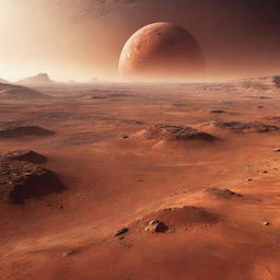 A futuristic view of Mars in the year 2050 with advanced space technology, human habitats, and vistas of the foreign landscape in vivid detail.