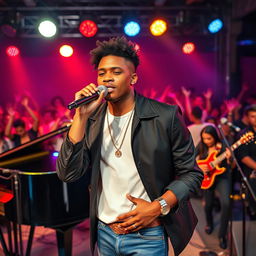 A vibrant and soulful RnB music scene, featuring a charismatic young male singer with a smooth, soulful expression, performing on stage with a live band