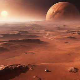 A futuristic view of Mars in the year 2050 with advanced space technology, human habitats, and vistas of the foreign landscape in vivid detail.