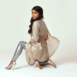 An Indian teenage girl wearing shiny silver satin transparent leggings that are super tight, accentuating her thick thighs