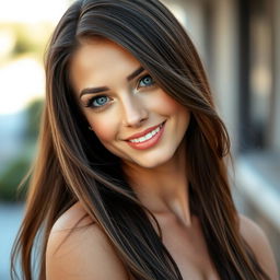 A beautiful woman with straight hair flowing elegantly, showcasing her deep blue eyes that are both captivating and enchanting