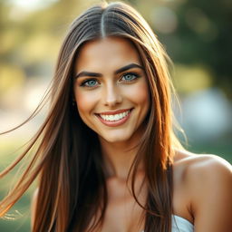 A beautiful woman with straight hair flowing elegantly, showcasing her deep blue eyes that are both captivating and enchanting