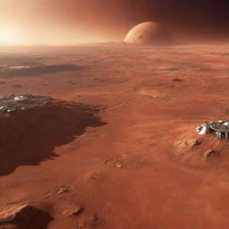 A futuristic view of Mars in the year 2050 with advanced space technology, human habitats, and vistas of the foreign landscape in vivid detail.