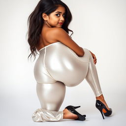 An Indian teenage girl wearing shiny silver satin transparent leggings that are super tight, showcasing her thick thighs