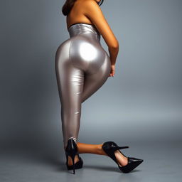 An Indian teenage girl wearing shiny silver satin transparent leggings that are super tight, showcasing her thick thighs