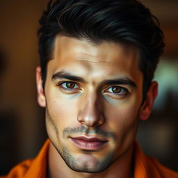 A handsome, masculine man with deep brown eyes, featuring a medium-sized, well-defined face