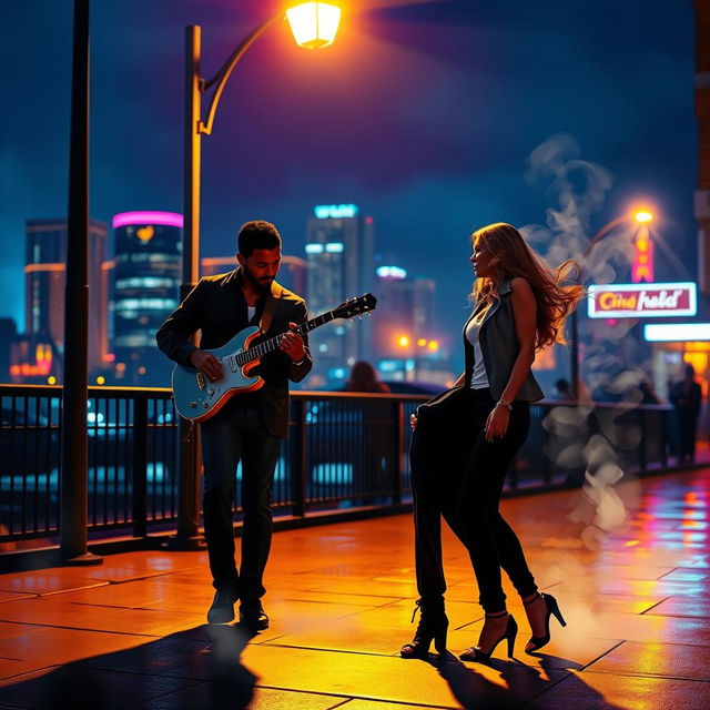 An artistic representation of an RnB music scene, featuring a soulful guitarist playing under a streetlight at night with a dreamy cityscape in the background