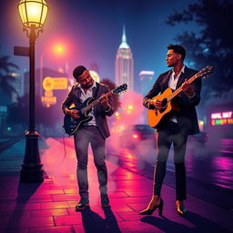 An artistic representation of an RnB music scene, featuring a soulful guitarist playing under a streetlight at night with a dreamy cityscape in the background