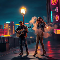 An artistic representation of an RnB music scene, featuring a soulful guitarist playing under a streetlight at night with a dreamy cityscape in the background