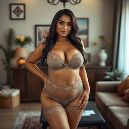 A sensual Indian housewife in a stylish, sheer transparent lingerie set