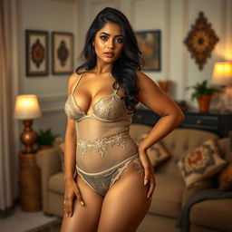 A sensual Indian housewife in a stylish, sheer transparent lingerie set