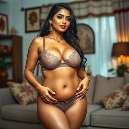 A sensual Indian housewife in a stylish, sheer transparent lingerie set