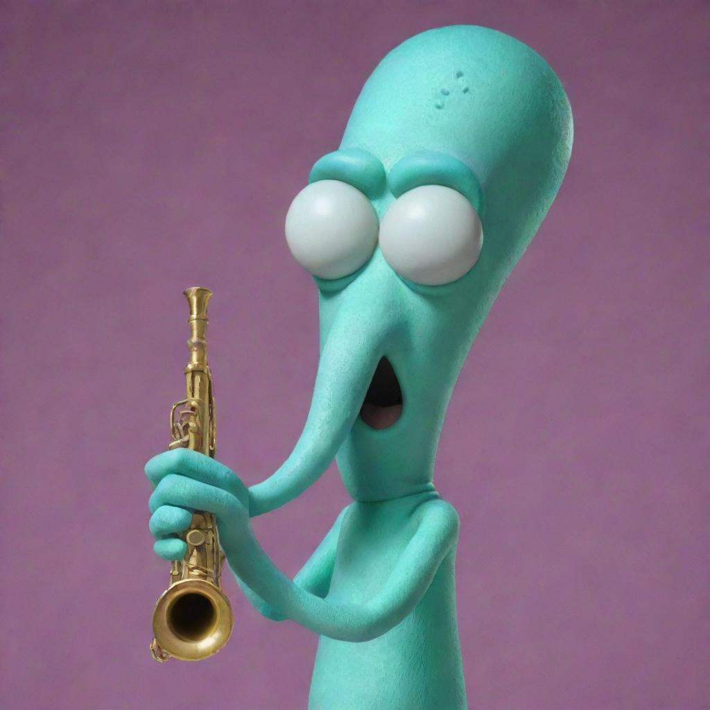 Squidward Tentacles from SpongeBob SquarePants, a cyan squid with a long nose and grouchy expression, playing his beloved clarinet