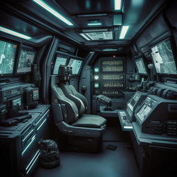 The interior of a futuristic commando's van, equipped with state-of-the-art navigation systems, advanced surveillance equipment, armored seats and high security weapon storage facilities.