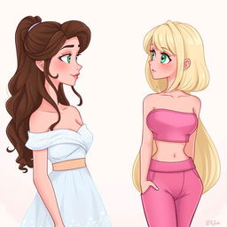 A whimsical Disney-style illustration featuring two versions of the same person at different stages in life, interacting through a gaze