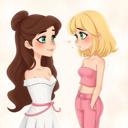 A whimsical Disney-style illustration featuring two versions of the same person at different stages in life, interacting through a gaze