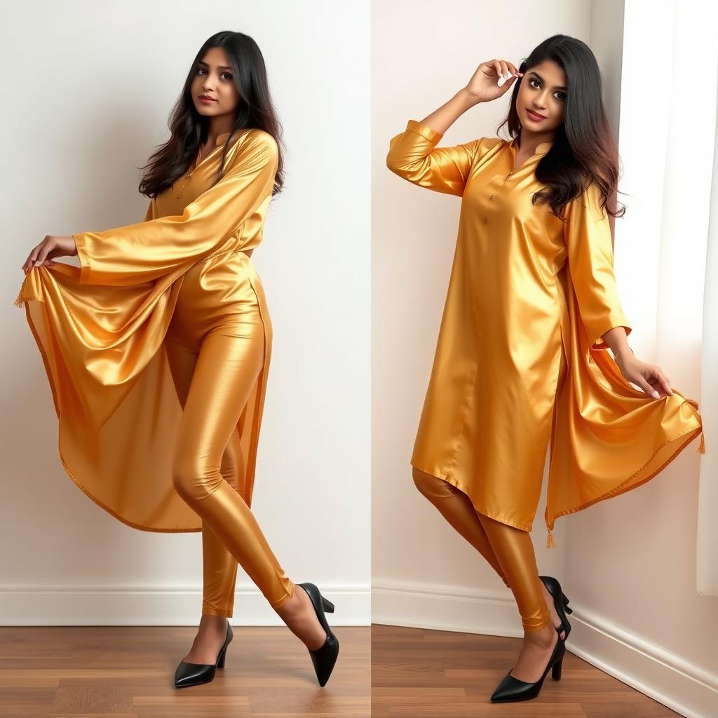 An Indian teenage girl wearing golden satin transparent leggings that are super tight, highlighting her thick thighs