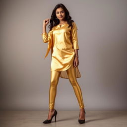 An Indian teenage girl wearing golden satin transparent leggings that are super tight, highlighting her thick thighs