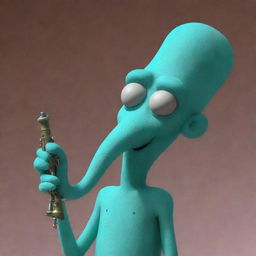 Squidward Tentacles from SpongeBob SquarePants, a cyan squid with a long nose and grouchy expression, playing his beloved clarinet