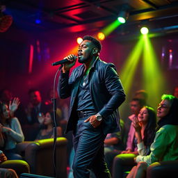 A stylish RnB music scene featuring a soulful singer with a smooth voice, standing on stage with a microphone in hand