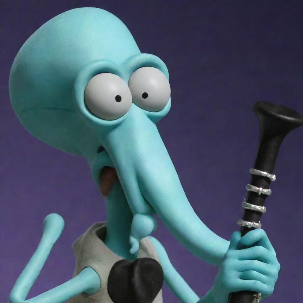 Squidward Tentacles from SpongeBob SquarePants, a cyan squid with a long nose and grouchy expression, playing his beloved clarinet