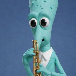 Squidward Tentacles from SpongeBob SquarePants, a cyan squid with a long nose and grouchy expression, playing his beloved clarinet