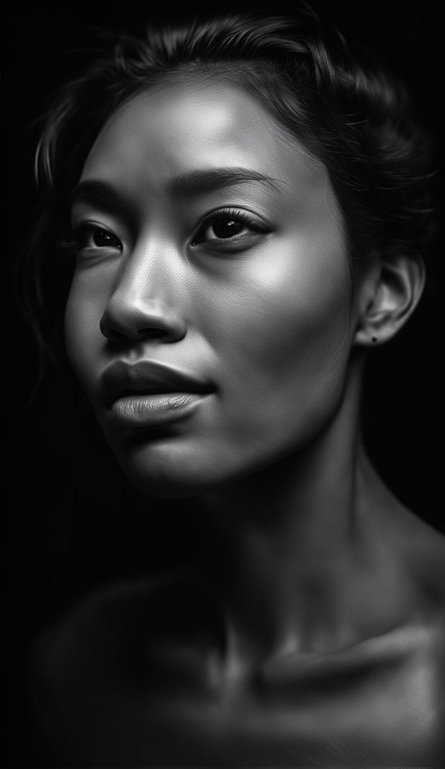 Black and white Yousuf Karsh style photograph of a mixed-race Black Korean woman in profile view, with professional lighting highlighting her symmetrical features and emotive expression.