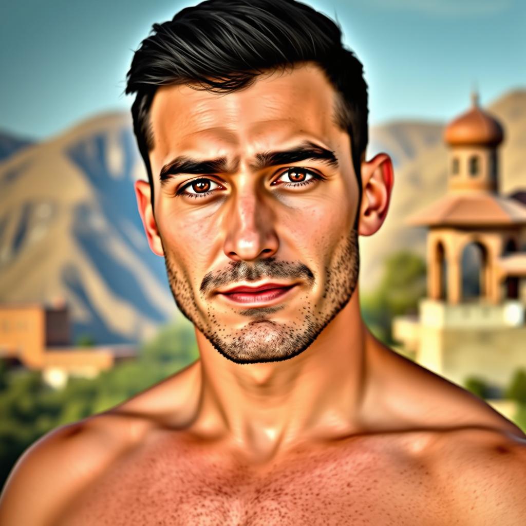 A charismatic and masculine Azerbaijani man, aged between 35 to 40 years, with striking brown eyes and a confident expression