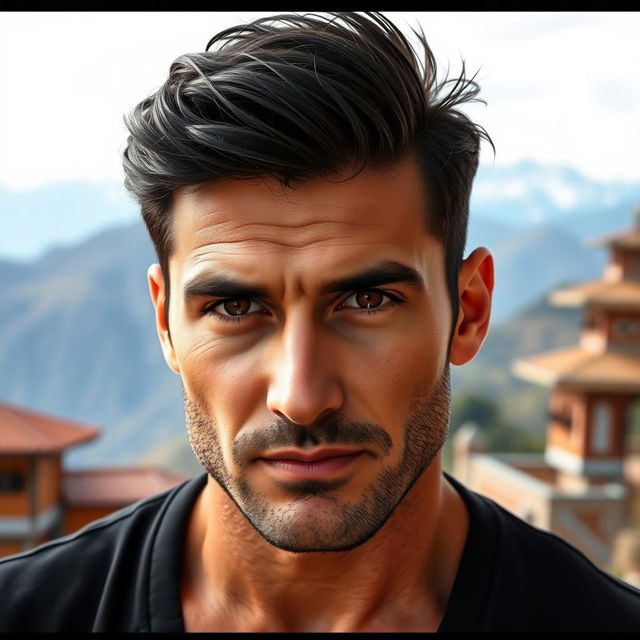 A charismatic and masculine Azerbaijani man, aged between 35 to 40 years, with striking brown eyes and a confident expression