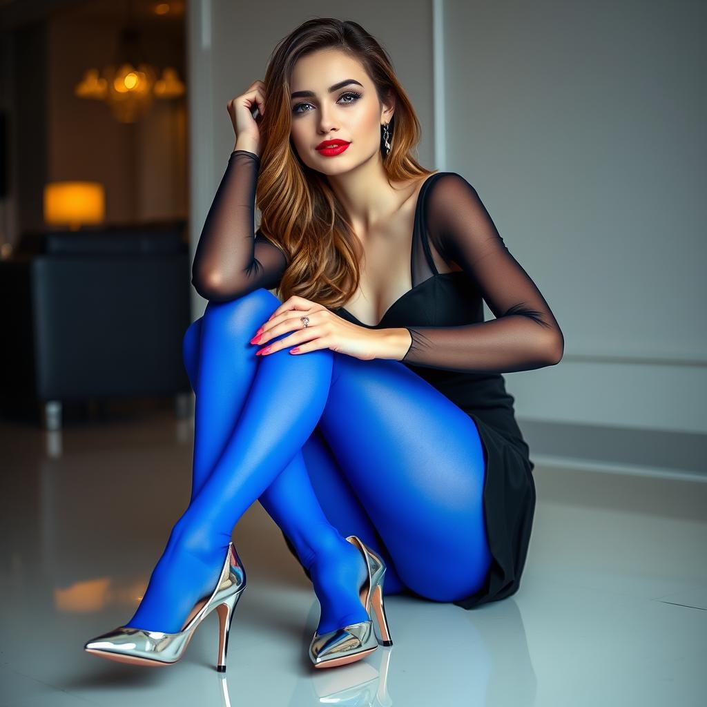 A girl sitting elegantly, dressed in vibrant blue pantyhose that beautifully complements her outfit, paired with a sophisticated black stocking top that adds depth to her look