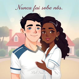 A romantic illustration depicting an interracial couple at the center