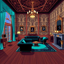 A pixel art sprite depicting a luxurious mansion room, featuring a color palette of turquoise and black