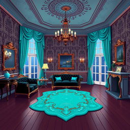 A pixel art sprite depicting a luxurious mansion room, featuring a color palette of turquoise and black