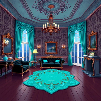 Luxurious Mansion Room Pixel Art - Elegant Turquoise & Black Design