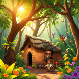 A vibrant and enchanting scene set in an African forest, depicting Kofi, a curious African boy with a bright smile, exploring the rich greenery around his family’s little clay house