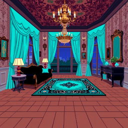 A pixel art sprite depicting a luxurious mansion room, featuring a color palette of turquoise and black