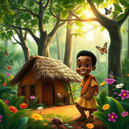 A vibrant and enchanting scene set in an African forest, depicting Kofi, a curious African boy with a bright smile, exploring the rich greenery around his family’s little clay house