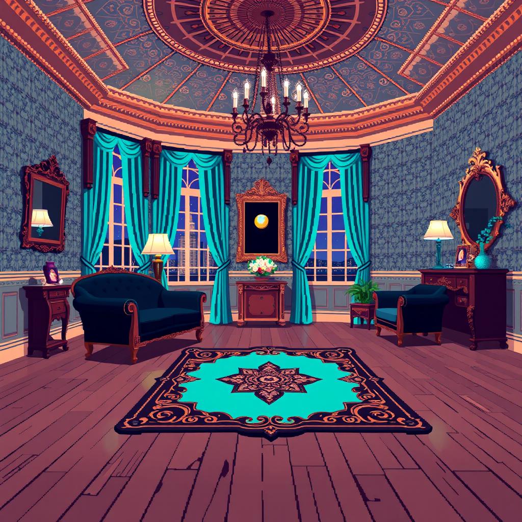 A pixel art sprite depicting a luxurious mansion room, featuring a color palette of turquoise and black