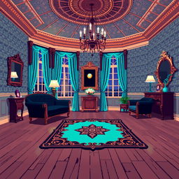 A pixel art sprite depicting a luxurious mansion room, featuring a color palette of turquoise and black