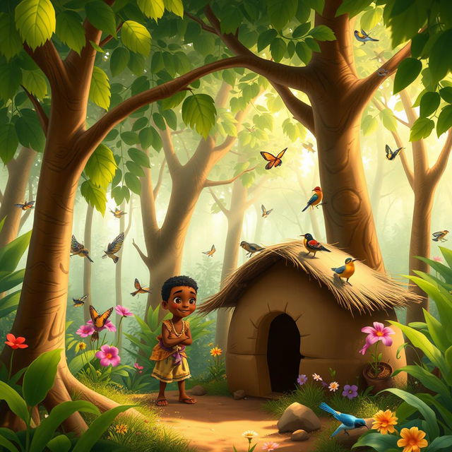 A vibrant and enchanting scene set in an African forest, depicting Kofi, a curious African boy with a bright smile, exploring the rich greenery around his family’s little clay house