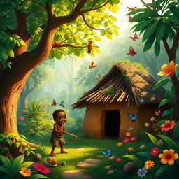 A vibrant and enchanting scene set in an African forest, depicting Kofi, a curious African boy with a bright smile, exploring the rich greenery around his family’s little clay house