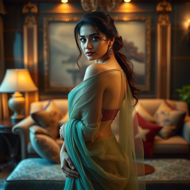 A sexy and elegant Indian housewife, gracefully wrapped in a transparent saree that delicately flows around her