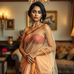 A sexy and elegant Indian housewife, gracefully wrapped in a transparent saree that delicately flows around her