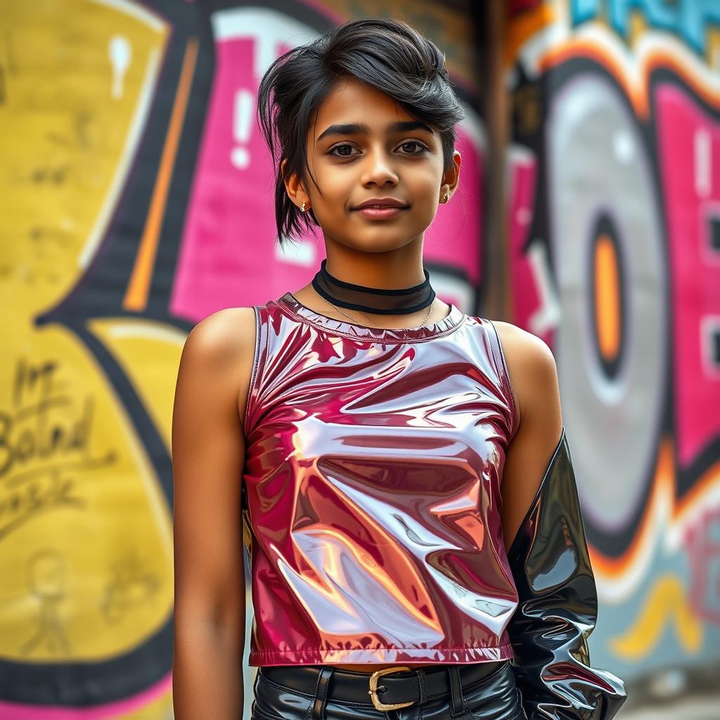 A stylish Indian teenager confidently posing in a shiny, reflective upper body top made of latex, with a trendy hairstyle